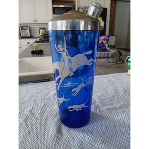 ART DECO Circa 1930s Hazel Atlas "THE HUNT" Cocktail Shaker COBALT BLUE & WHITE